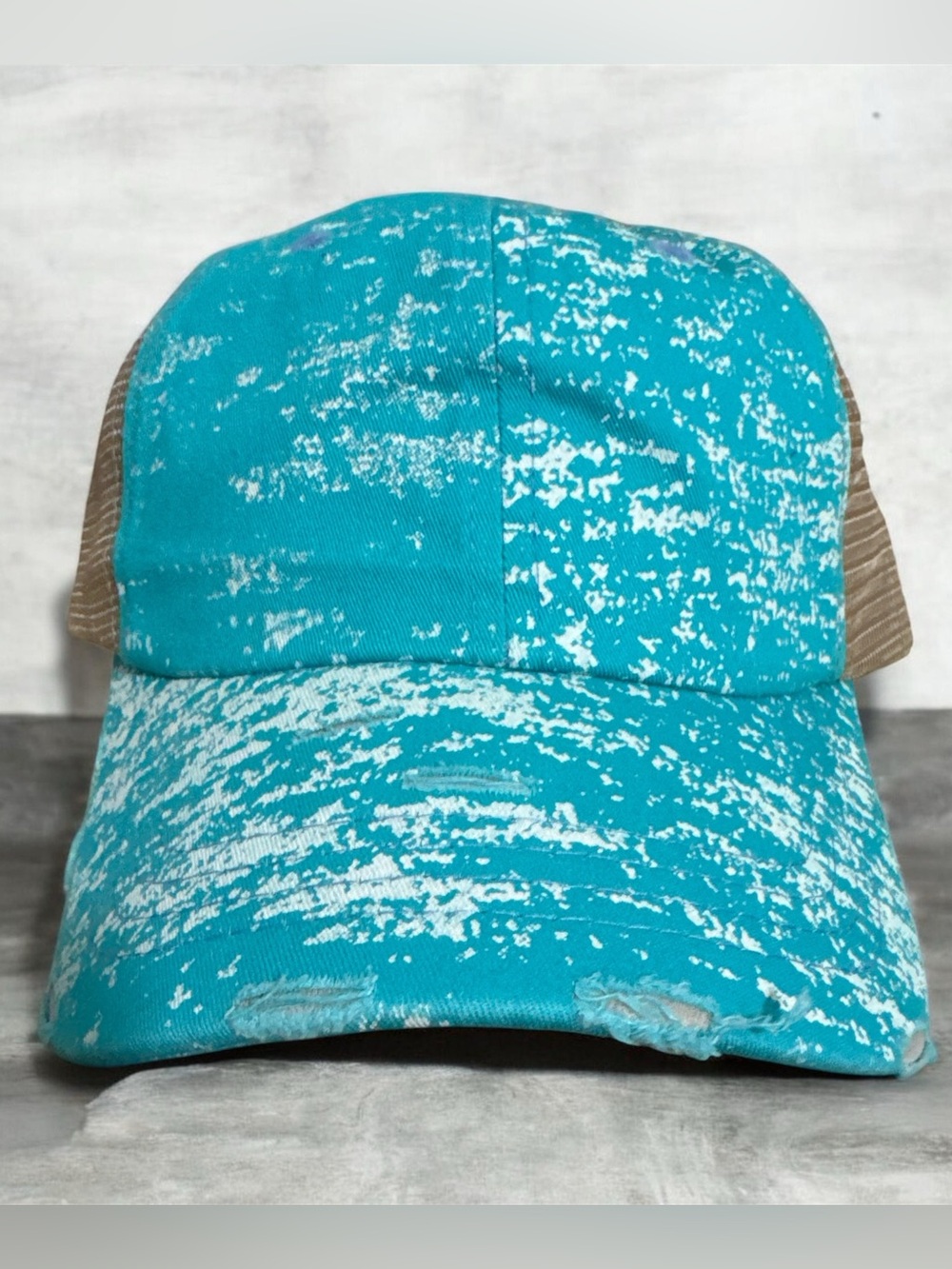 Distressed Turquoise Splattered Trucker Cap -